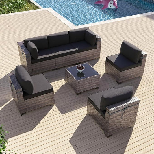 7 Pieces Outdoor Patio Furniture Sets,Wicker Conversation Set Sectional Sofa,Includes 6 All-Weather High Back PE Rattan Seating Components w/Thickened Cushions&Coffee Table,Gray