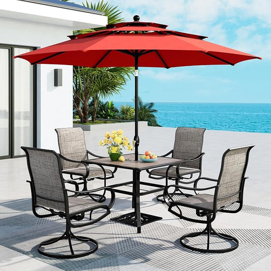 MFSTUDIO Patio Dining Set for 4, Outdoor Furniture Set with Orange Red Umbrella (Base not Included), Wood-Like Square Table and 4 Swivel Chairs for Patio, Deck, Backyard, Garden