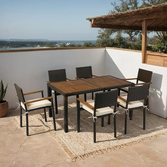 7 Piece Outdoor Patio Dining Set Wicker Furniture Set with Acacia Wood Top Brown Rattan and Cream Cushions 6 Seater Garden Dining Set for Backyard Deck