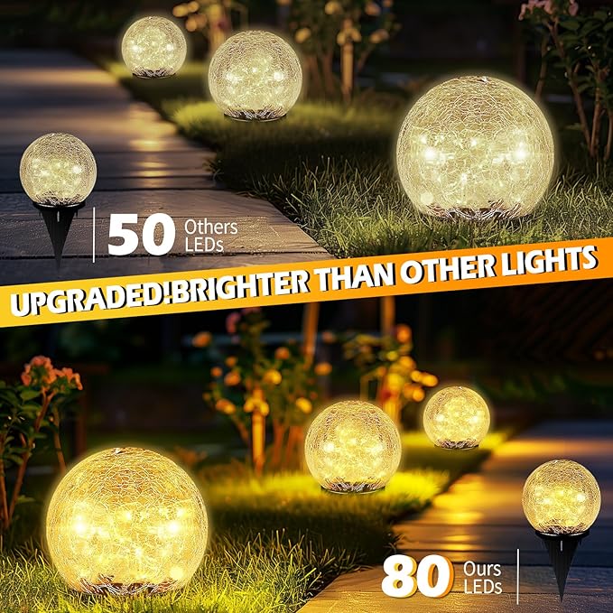 Garden Solar Ball Lights Outdoor Waterproof, 80 LED Cracked Glass Globe Solar Power Ground Lights for Path Yard Patio Lawn, Halloween Christmas Decoration Landscape Warm White(2 Pack 5.9'')