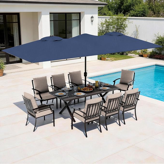 10 Piece Outdoor Dining Set for 8, Patio Table and Chairs Set with Umbrella, Metal Patio Furniture Set with 8 Stackable Chairs, Outdoor Table and Chairs with Cushions for Lawn, Garden, Yard-Sand