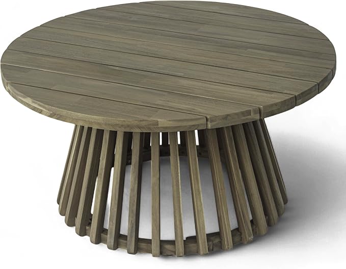 Wood Outdoor Round Coffee Table, Weather-Resistant Patio Table with Striped Base, for Garden, Deck, and Backyard, Grey