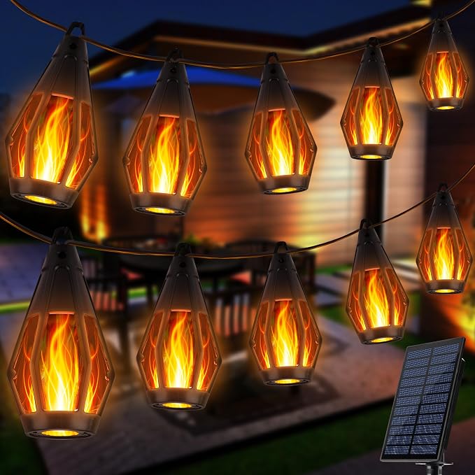 iBaycon Solar Flame String Lights, 27FT 10 LED Bulbs Waterproof, Warm White | Ultra-Real Flickering Flame Lamp Outdoor Waterproof, Solar Patio String Lights for Garden Yard Lawn Decorations