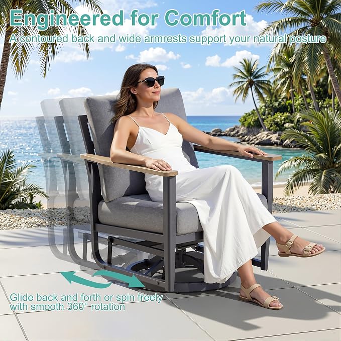 Aluminum Patio Swivel Rocking Chair Outdoor Bistro Set, 9pcs Patio Conversation Set Outdoor Patio Furniture Set with High Backrest & Thickened Cushions for Garden, Deck and Balcony, Grey