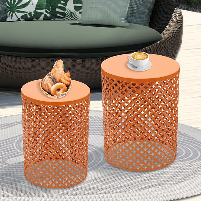 Metal Frame Accent Table,Cylindrical Outdoor Side Table,Decorative Garden Stool,Set of 2 Nesting Side Table,Modern Decorative Garden Stool for Patio Balconies Cafes Parks (2, Orange)