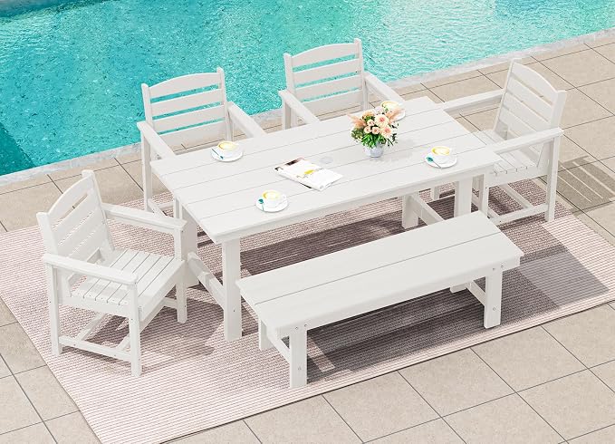 SERWALL 6 Pcs HDPE Dining Set, Includes 1 Table, 1 Bench & 4 Chairs, White | Outdoor Dining Set with Bench, All-Weather Resistant SERWALL Dining Set for patio