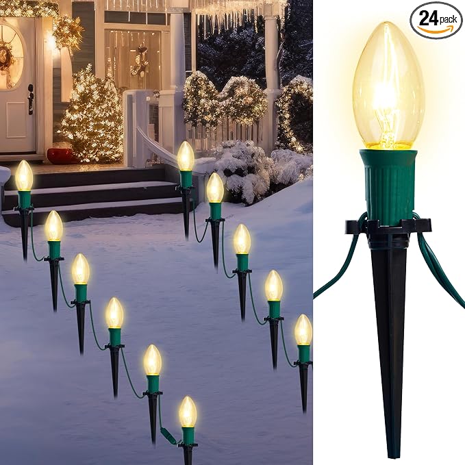 Joiedomi Christmas C9 Pathway Lights Outdoor Decorations 24 Packs, 30.75ft Xmas Warm White Pathway Marker String Lights for Holiday Waterproof Outside Yard Garden, Party, Walkway Decor