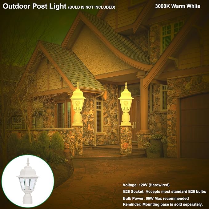 Outdoor Post Light, Rustproof Aluminum Pole Lamp, White | Exterior Lamp Post Light Fixture for Garden, Yard, Pathway, Waterproof, Glass, E26 Base, Max 60W, 2 Pack