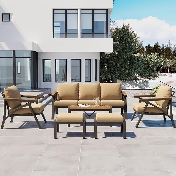 KLMM 6-Piece Outdoor Patio Furniture Set,Steel Frame Sofa Set with 3-Seat Couch, 2 Armchairs, 2 Ottomans & Acacia Wood Coffee Table,for Backyard, Garden, Poolside (Brown-BC)