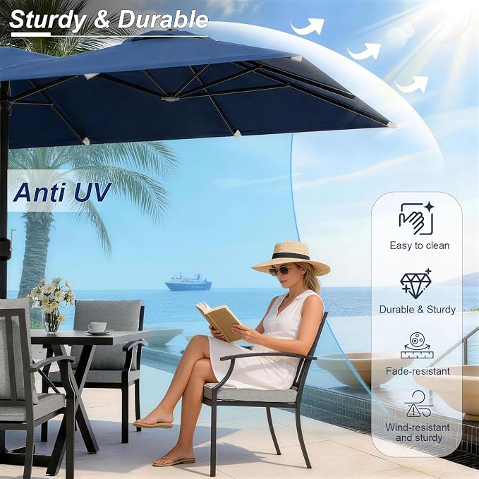 Patio Dining Set for 10 with 13.6ft Double-Sided Patio Umbrella,Outdoor Dining Set of 6 Metal Chairs and 2 Swivel Chairs with Umbrella Hole Table for Backyard,Garden,and Poolside(Grey)