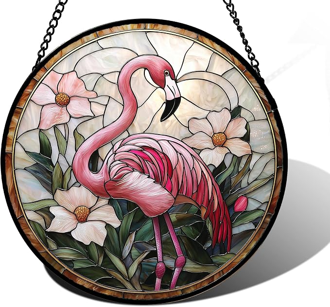 DASTOLL Stained Glass Window Hanging, Flamingo Flower Sun Catchers Diamond Glass Panel Hangings Pink Suncatcher Decor for Birthday for Women, Men, Wife, Aunt, and Mom 15x15 in