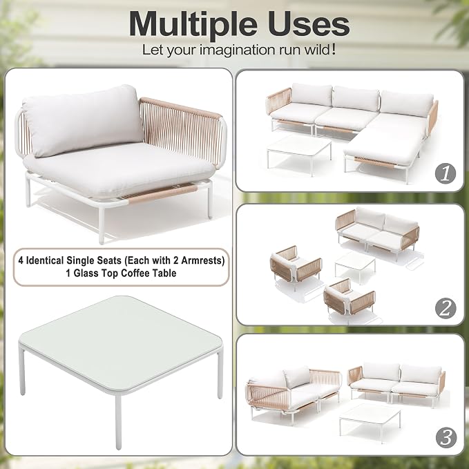 5-Piece Modern Outdoor Sectional Sofa with Coffee Table - 31" Deep Seating Patio Conversation Set, Weather-Resistant Low-Profile 11" Seat Height Lounge Seats for Deck, Porch & Backyard, Beige