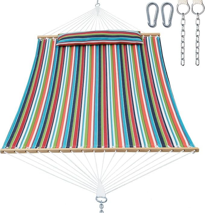 GAFETE Hammock 2 Person Quilted Fabric Hammocks for Outside, Double 12ft Hammocks with Spreader Bar, Large Removable Pillow, Storage Bag, Carabiners, Max 475 lbs Capacity (Tropical)