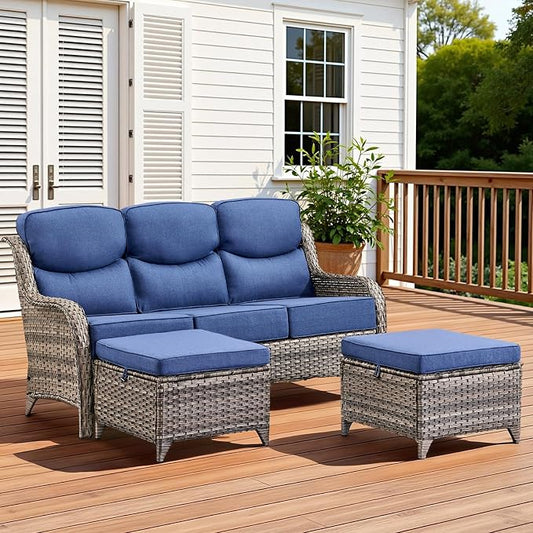 3 Pieces Patio Furniture Sofa Set with 6" Thick Cushions, High Back Wicker Sectional Outdoor Sofa with Ottomans, Outdoor Furniture High Back Conversation Set for Balcony Deck Porch Backyard, Grey/Blue
