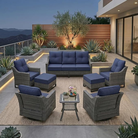 8 Piece Patio Furniture Set, 360°Swivel Glider Patio Chairs Set of 2, Outdoor 2 Wicker Chairs, 2 Ottomans, Sofa ,Side Table All-Weather Wicker Patio Set With 6 Inch Thick Cushions For Balcony Garden