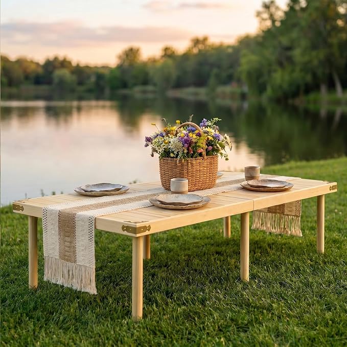 Boho Folding Picnic Table with Table Runner, 59.4" x 28.3" Wooden Low Portable Table with Carrying Handle, 2 Height Settings 14.6/17 Inches for Beach Camping BBQs