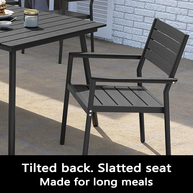11-Piece Outdoor Dining Set for 10 Person with Black Wood-Grain Top | Armrest Stackable Chairs with 19.4" Seat Depth, Aluminum Frame Dining Furniture with Umbrella Hole for Deck, Porch & Backyard