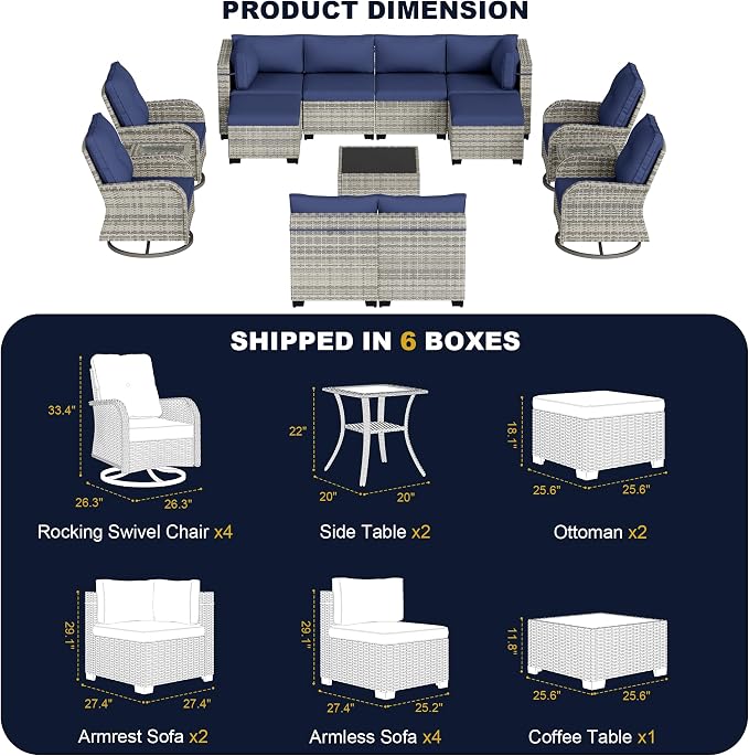 15-Piece Outdoor Patio Furniture Set with Rocking Swivel Chair, Wicker Rattan Sectional Sofa Conversation Set with Tempered Glass Table with Ottomans, Backyard Furniture, Navy Blue