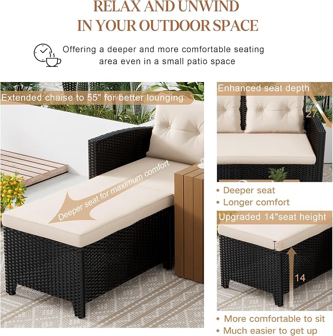 Suntone Outdoor Wicker Patio Furniture Sets, Patio Conversation Set - 3 Piece Patio Sectional Sofa Set, Coffee Table, Black/Beige