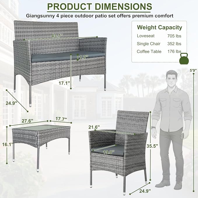 GIANGSUNNY 4 Piece Patio Furniture Set, Outdoor Hand-Woven Wicker Rattan Conversation Set with Double-Sided Tempered Glass Table, Weather-Resistant Seating for Patio, Balcony, Porch, Garden (Grey)