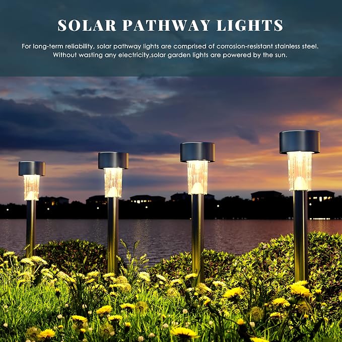 SOLPEX 24 Pack Solar Lights Outdoor, Stainless Steel Solar Pathway Lights | Solar Lights Outdoor Waterproof ,LED Landscape Lighting Walkway for Landscape/ Patio/Lawn/Yard/Driveway-Warm White