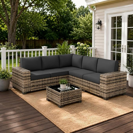 UDPATIO Patio Furniture Set, 8 Inch Armrest Outdoor Sectional Sofa with Wicker Coffee Table, 6 Piece Conversation for Garden, Backyard(Yellow/Grey)