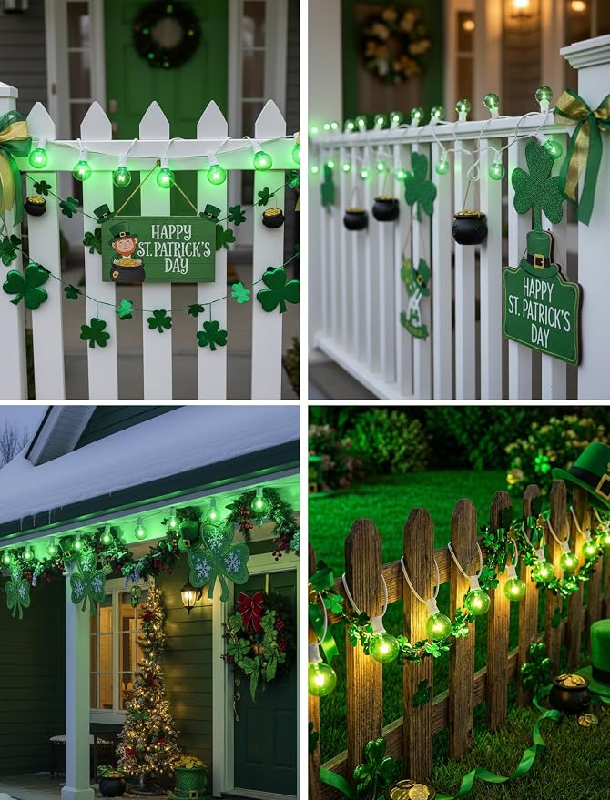 G40 Green St. Patrick’s Day Globe String Lights, 25Ft Outdoor St. Patrick’s Day Decorations Lights with 27 Green Incandescent Bulbs, Hanging Patio Lights Waterproof for Christmas Wedding Party Garden