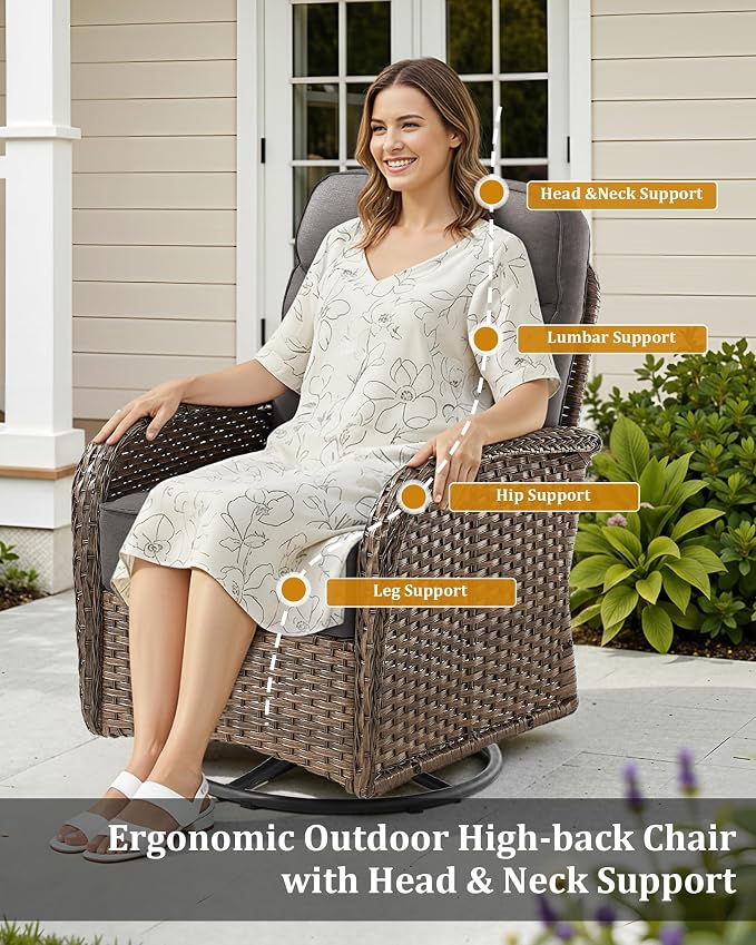 2-Piece Luxury Patio Conversation Set with 6-Inch Thick Cushions, High-Back Outdoor Swivel Rocking Chairs & Side Table, All-Weather Furniture Set for Porch, Deck, Balcony or Backyard – Grey