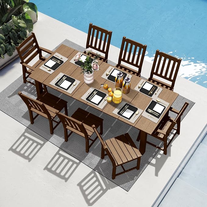 LOUNZY 9 Piece Outdoor Dining Set for 8, HDPE Patio Furniture, Brown | 75.2” table,Heavy-duty 8 person patio set, mixed chair eco-friendly HDPE, comfortable seating for large outdoor meals