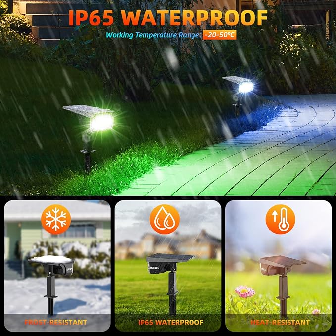 LEREKAM Color Solar Lights Outdoor Waterproof Spotlights with 9 Light Modes, Color Changing Solar Outdoor Lights for Decorate Festivals, Colored Solar Spot Lights Auto On/Off, RGBW 6 Pack