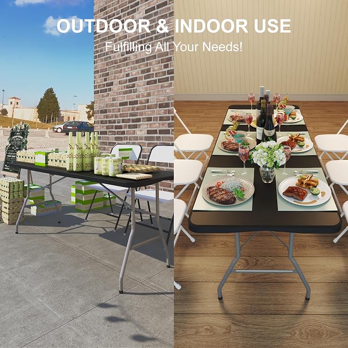 10PK Black Folding Table, 6FT Portable Plastic Folding Table, Foldable Dining Tables with Carrying Handle for Party, Picnic, Camping, Easy to Fold and Storage, for Indoor or Outdoor Use