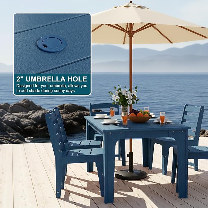 HDPE Outdoor Dining Table & Chairs Set for 6 Person, Blue(7-Piece) | Weather-Resistant Patio Furniture Set with Metal Support Bars and Umbrella Hole Cut-Out for Poolside Garden Backyard Deck