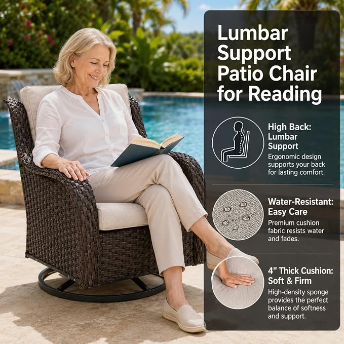 HUMMUH Outdoor Swivel Rocker Wicker Patio Chairs High Back PE Rattan Glider Chairs 4PCS Patio Furniture Set(Brown,Beige)