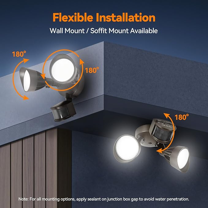 45W 5500LM PIR Motion Sensor Outdoor Lights, Dual Head LED Flood Light, 5000K Daylight, IP65 Waterproof Hardwired Dusk to Dawn Motion Detector Security Light for Outside Garage Yard (Brown)
