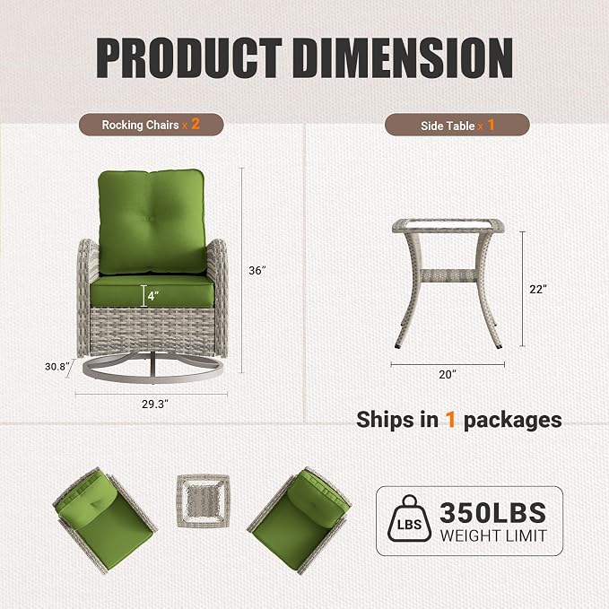 Patio Rocking Swivel Chair Outdoor Wicker Rattan Bistro Set with Tempered Glass Side Table, Outdoor Patio Furniture Set for Garden, Deck, and Balcony, Avocado Green