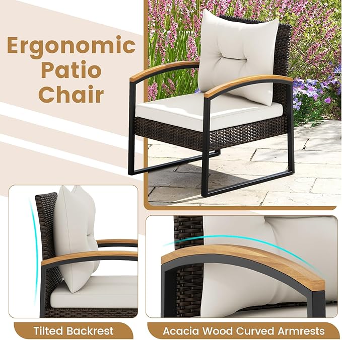 HAPPYGRILL 3 Pieces Patio Wicker Conversation Set with Acacia Wood Table, Outdoor PE Rattan Furniture Set for Poolside Backyard Lawn Garden