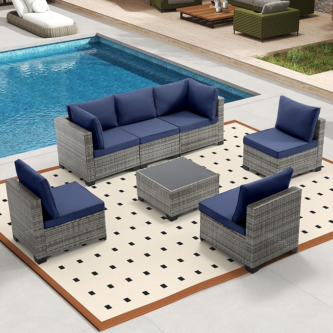 Bonzy Home 7 Pieces Outdoor Patio Furniture Set, PE Rattan Outdoor Sectional Furniture Sofa Set with Removable Cover and Glass Coffee Table, Patio Sofa for Balcony, Porch, Garden, (Grey-Navy Blue)