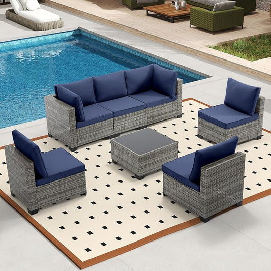Bonzy Home 7 Pieces Outdoor Patio Furniture Set, PE Rattan Outdoor Sectional Furniture Sofa Set with Removable Cover and Glass Coffee Table, Patio Sofa for Balcony, Porch, Garden, (Grey-Navy Blue)