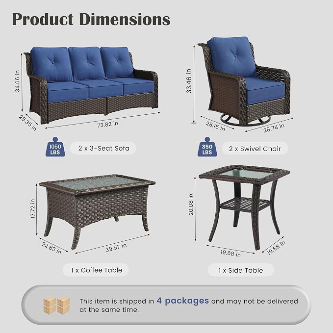 Sundale Outdoor 6 Piece Wicker Patio Furniture Set, High Back Outdoor Couch with Swivel Chairs & Coffee Table, 6" Thick Cushion Patio Conversation Sets with Deep Seating for Yard, Deck (Blue)