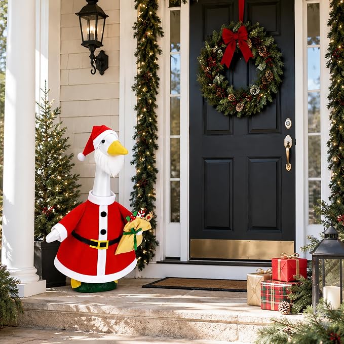 3 Set Holiday Porch Goose Outfits for Halloween Christmas Thanksgiving Day | Seasonal Goose Statue Costumes with Pumpkin Turkey Santa Outfit, Lawn Goose Clothes for 23" Statue