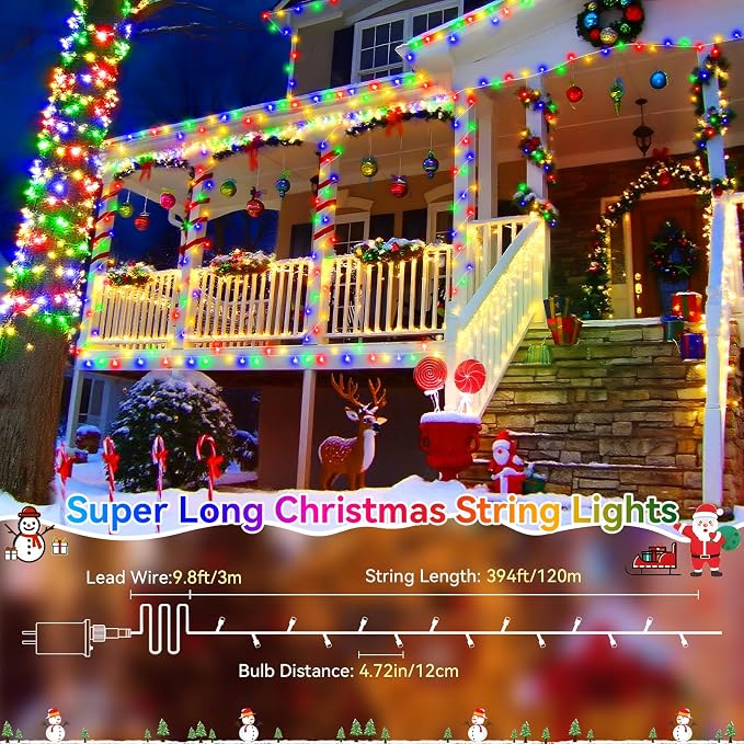 Christmas Lights Outdoor, 403FT 1000 LED String Lights 8 Modes and Timer Memory Function Twinkle Fairy Lights IP44 Waterproof Plug in for Xmas Tree Wedding Party Holiday Decor(Multicolor)