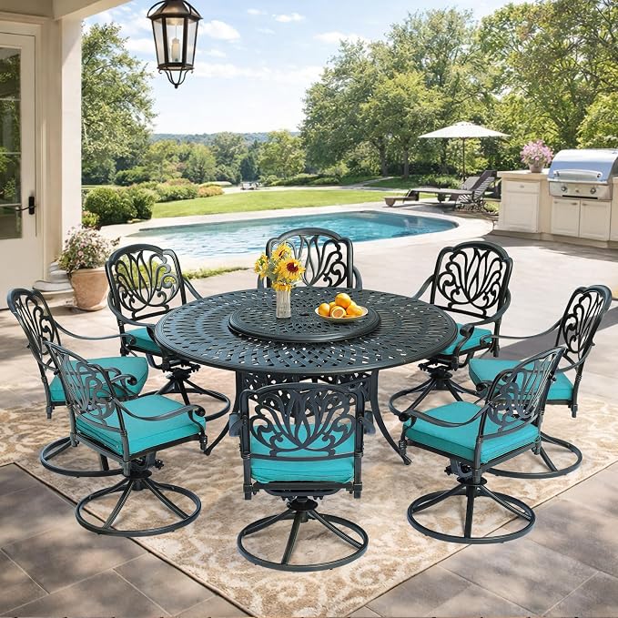 VIVIJASON 9-Piece Patio Dining Set, Rust-Free Cast Aluminum Outdoor Conversation Set, Includes 8 Swivel Dining Chairs & 61" Round Dining Table with 31" Lazy Susan, Ocean Blue