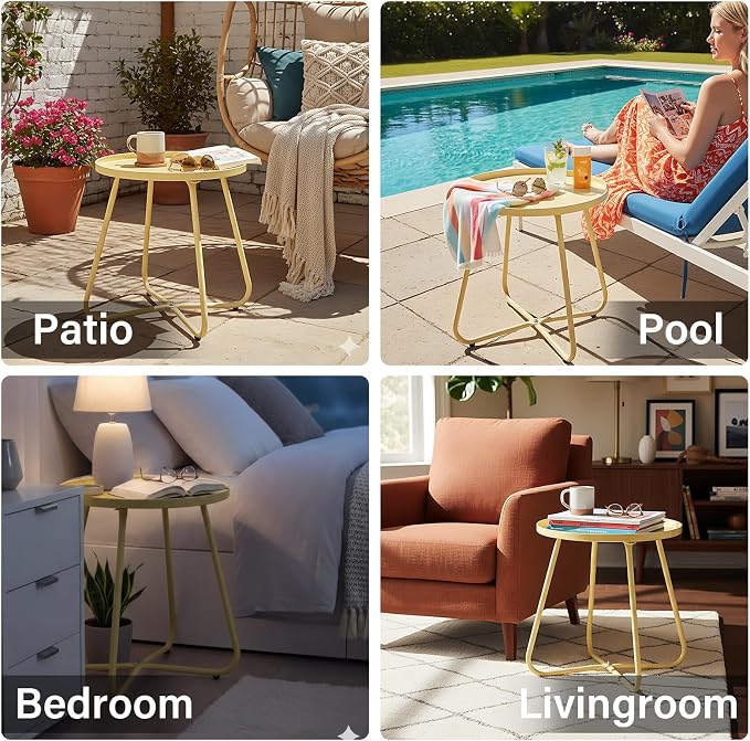 LITA Outdoor Side Table Metal Steel Weather Resistant Round End Table for Patio Balcony Living Room, Small Lightweight Weatherproof Accent Table,Yellow,Modern