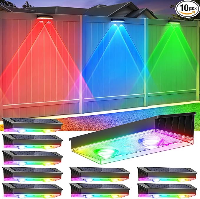 Solar Fence Lights Outdoor, 10 Pack Warm White/RGB Fence Solar Lights with 2 LED, IP65 Waterproof, Backyard Patio Decor for Deck, Wall, Railing, Pool, Stair