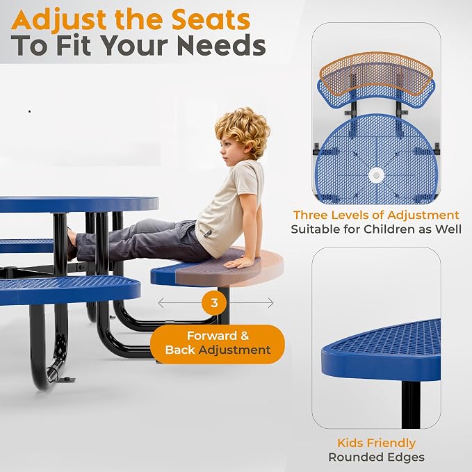 Round Metal Picnic Tables for Kids for Outdoors with Umbrella Hole, Adjustable Seats for School, Park, Playground(Blue, 38 in, Kids, Expanded Steel)