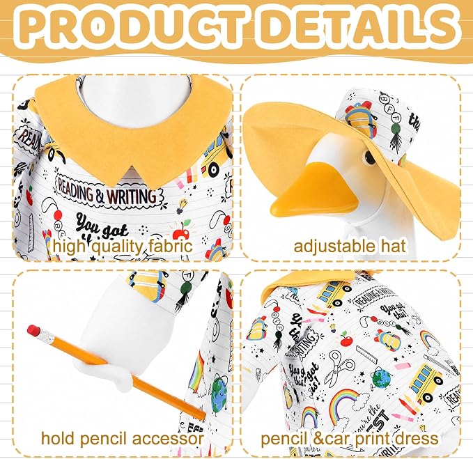 Outus Back to School Porch Goose Outfits Includes Notebook Doodle Shirt Yellow Sun Hat and Pencil Prop First Day of School Classroom Goose Clothing for Outdoor Garden Yard Patio Lawn 23" Statue