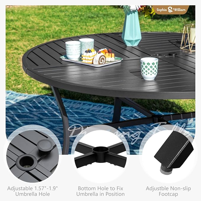 Sophia & William Patio Dining Set, Steel, Black | Umbrella Hole, Swivel Chairs, E-Coated, Cushions Included, For Patio, Garden and Yard