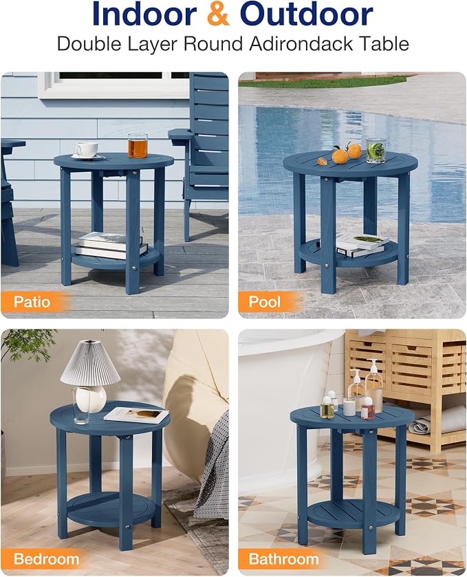 YEFU Outdoor Side Table for Patio: 16in HIPS Small Round Outdoor End Table - 2-Tier Adirondack Tables for Patio Porch Yard Poolside Living Room Beach Bedroom (Navy, 1 Pack)