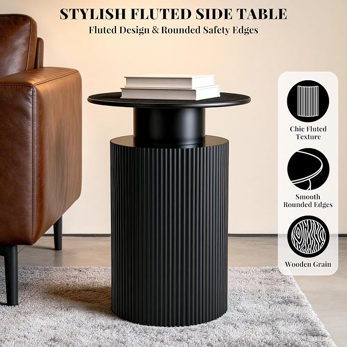 Round Side Table, 24" Fluted End Table with Storage, Mid Century Nightstand Modern Wood Bedside Accent Table, Farmhouse Circle End Tables for Home, Small Spaces, Bedroom, Living Room (Black) | Fluted End Table, Hidden Storage, Detachable Tray, Mid Cent...
