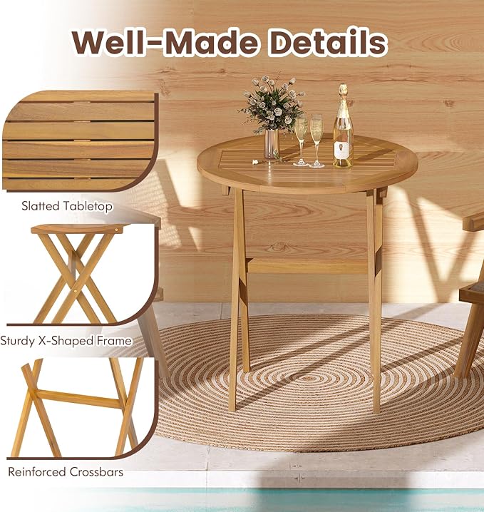 RELAX4LIFE Round Outdoor Folding Table - 26’’ Acacia Wood Patio Bistro Table w/Slatted Tabletop for Indoor Outside Dining Camping, Portable Foldable Wooden Furniture for Garden Backyard Porch (2)